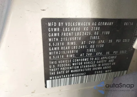 2015 Volkswagen Tiguan S из США, поврежденный, VIN WVGAV7AX6FW505987